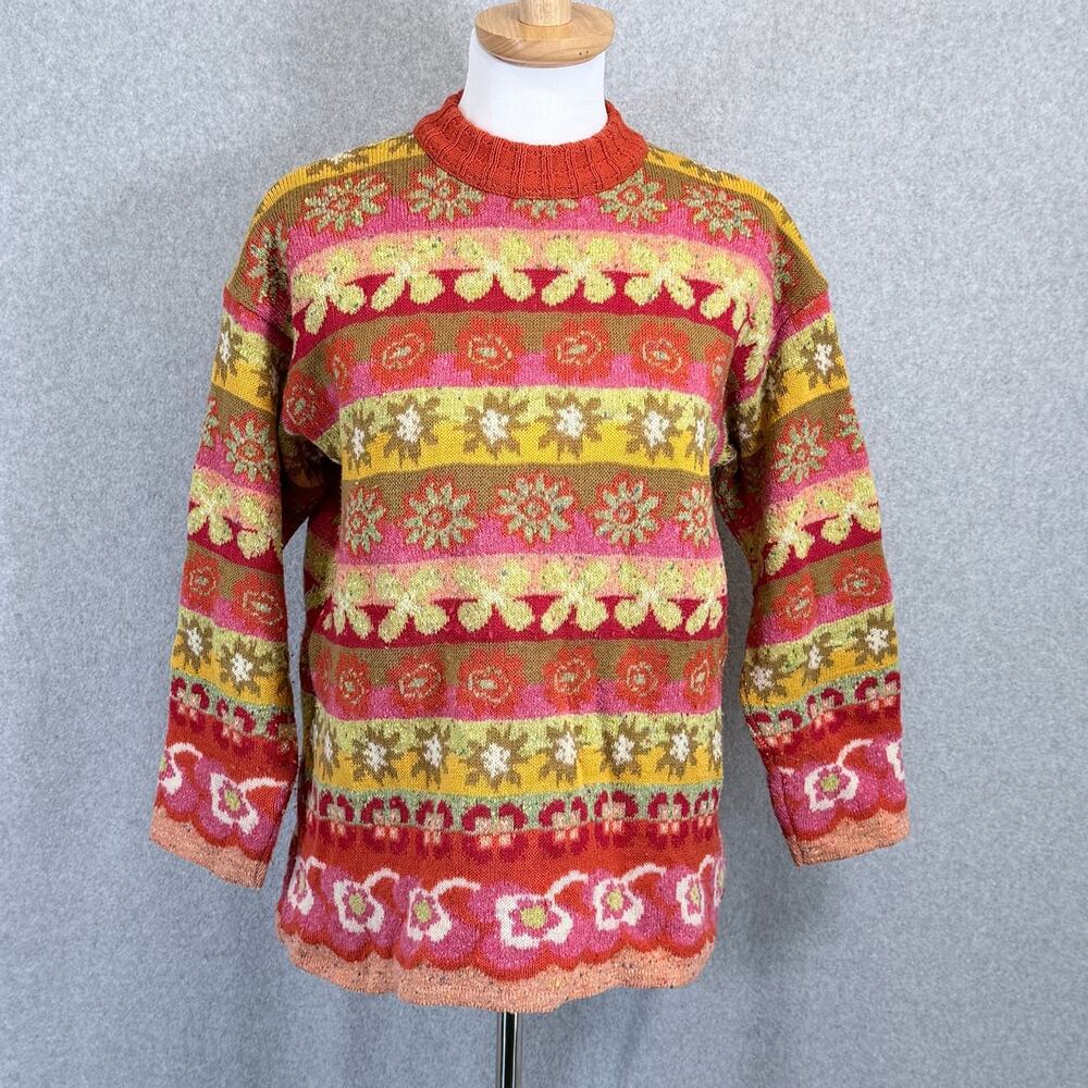 Oilily Girls Sweater Size 152 12 Floral Stripe Knit Pink Orange Stripe Folk Boho